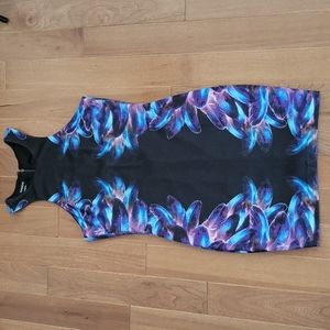 Bebe black mini stretch dress floral‎ sides full zip razorback and neck small